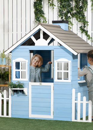 Wooden Playhouse for Kids Outdoor with Flower Pot Holders, Door, Windows, Service Stations for 3-7 Years, Blue