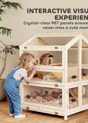 Wooden Hamster Cage, Large 3 Tier Hamster Cage w/ Pull-Out Tray, Openable Top, Hut, Seesaws, 26.8"L x 24.2"W x 35.4"H