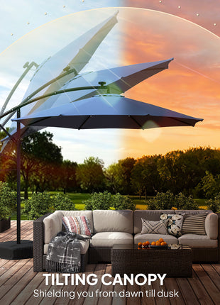10 ft Cantilever Patio Umbrella with Light, Weight, Offset Hanging Outdoor Umbrella with Protective Cover, Dark Blue