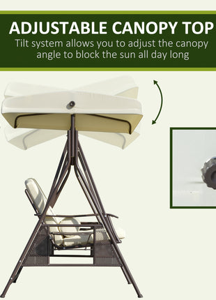 2-Person Patio Swing Bench with Adjustable Shade Canopy, Soft Cushions, Throw Pillows and Tray, Beige.