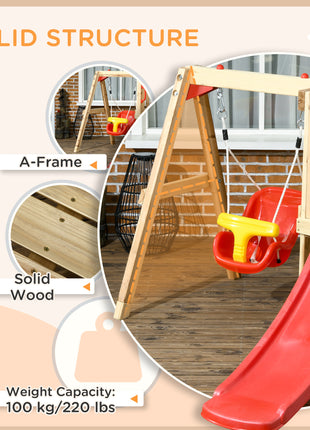 4-in-1 Wooden Swing Set with Swing, Slide, Horn, Steering Wheel, Red