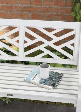 Outdoor Garden Bench, Wooden Frame Patio Bench with Geometric Pattern, 43.25 Inch Weatherproof 2-Person Love Seat for Garden, Lawn, Porch, Yard, Work Entryway, White