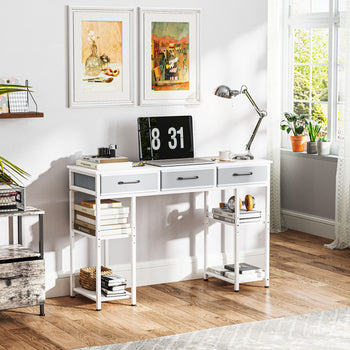 47" Small Computer Desk, Writing Desk with Fabric Drawers, Home Office Desk with Adjustable Shelves, White