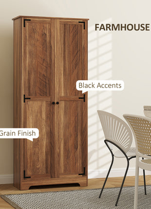 72" Farmhouse Pantry Cabinet, Freestanding Food Pantry Cabinet with Adjustable Shelves, Brown