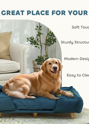 Raised Dog Couch with Comfortable Cushion, Pine Wood Legs, Foot Pads for Large-Sized Dogs Indoor Use, Dark Blue