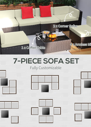 7 Piece Outdoor Patio Sofa Set with Cushions, All Weather PE Rattan, 29.5" Sofa Section, Glass Top Coffee Table for Outdoor Living, Beige