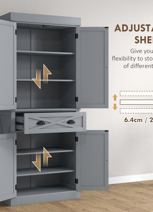 72" Kitchen Cabinet, Pantry Storage Cabinet with 4 Doors and 2 Adjustable Shelves, Large Central Drawer, Gray