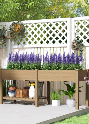 Wood Raised Garden Box, Elevated Garden Bed with Side Table, Bottom Shelf, Bed Liners and Drainage Holes, Carbonized