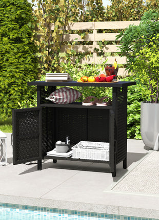 Outdoor Pool Towel Storage Cabinet Organizer, Outdoor Bar Table with Shelf and Cabinet, Pool Towel Holder Pool Valet with Weather-Resistant PE Rattan and Steel Frame, Espresso