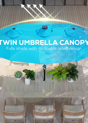 Double-sided Patio Umbrella, 9.7' Outdoor Umbrella with Tilt and Crank, LED Solar Light and 12 Ribs, Light Blue
