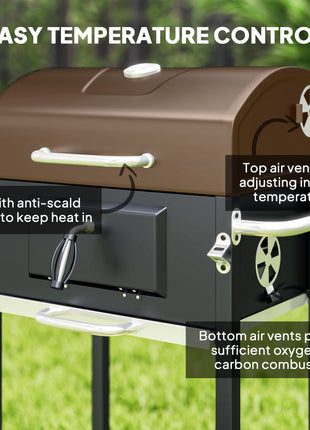 Charcoal BBQ Grill, Outdoor Portable Cooker for Camping or Backyard Picnic, Barbecue Grill with Side Table, Bottom Storage Shelf, Wheels and Handle, Black