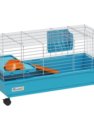 35"L Small Animal Cage, Rolling Bunny Cage, Guinea Pig Cage with Wheels, Food Dish, Water Bottle, Hay Feeder, Blue