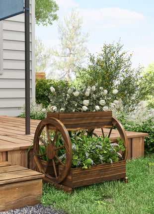 Wooden Wagon Planter Box, 3-Tier Raised Garden Bed, for Vegetables Flowers Herbs, 25" x 21" x 24"