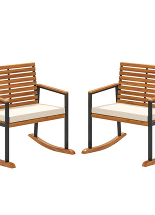 Acacia Wood Outdoor Lawn Rocking Chair Set of 2, Outdoor Patio Rocking Chairs with Armrests, Cushion, Cream White