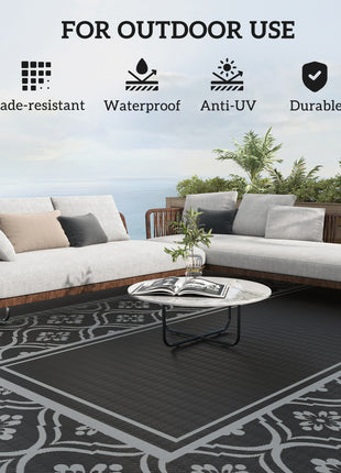 Reversible Outdoor Rug, Waterproof Plastic Straw with Carry Bag, 9' x 18', Black & Gray Gourd Border