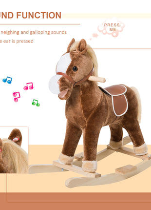 Kids Ride on Rocking Horse Toddler Plush Toy with Realistic Sounds for 3 Years Old Children - Brown