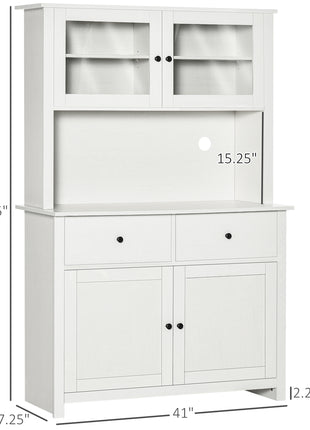 63.5" Kitchen Buffet with Hutch, Pantry Storage Cabinet with 4 Shelves, Drawers, Framed Glass Doors, Open Microwave Countertop, Antique White