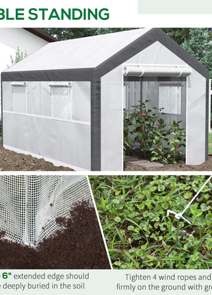 12' x 7' x 7' Greenhouse, Walk-in Outdoor Tunnel Green House with PE Cover, Steel Frame, 2 Roll-Up Zipper Doors & 4 Windows for Flowers, Vegetables, Tropical Plants, White/Dark Gray