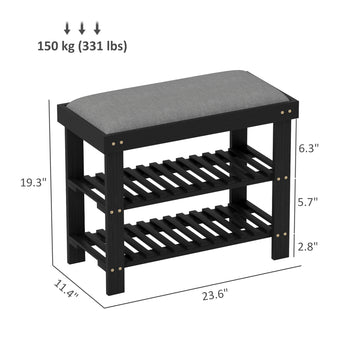 Bamboo Shoe Storage Bench, 3-Tier Entryway Bench with Cushion, Shoe Organizer for Entryway, Hallway, Black