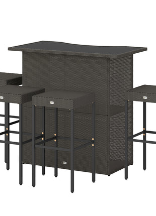5 Piece Rattan Wicker Bar Set, High Top Outdoor Table and Chairs, Bar Height Patio Set, 2 Shelves & 4 Bar Stools, Brown
