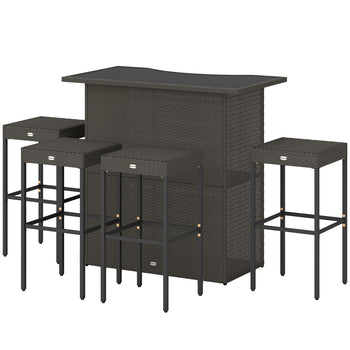5 Piece Rattan Wicker Bar Set, High Top Outdoor Table and Chairs, Bar Height Patio Set, 2 Shelves & 4 Bar Stools, Brown