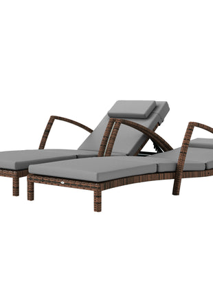 Set of 2 Wicker Chaise Lounge Chair Outdoor Patio Lounger with 5 Adjustable Back, Wheels, Cushion, and Armrests, Gray