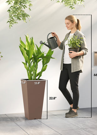 23 Inch Tall Planters for Outdoor Plants, Set of 2 Plastic Flower Pots, for Front Door Patio Garden Use, Brown