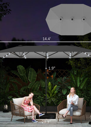 Garden Parasol 14.4ft Double-Sided Sun Umbrella with Base, Patio Parasol with LED Solar Lights, Gray