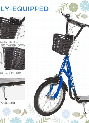 Youth Scooter, Kick Scooter with Adjustable Handlebars, Double Brakes, 16" Inflatable Rubber Tires, Basket, Cupholder, Blue