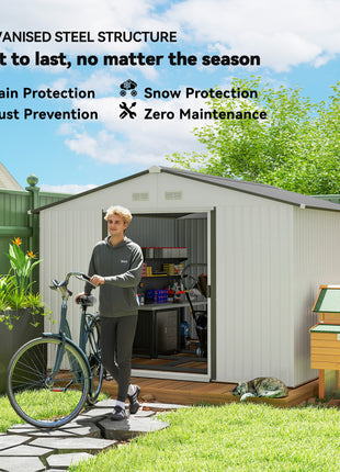 11' x 9' Metal Storage Shed Garden Tool House with Double Sliding Doors, 4 Air Vents for Backyard, Patio, Silver