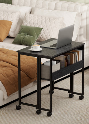 Folding Computer Desk, Foldable Desk with Storage Bag, Shelf and Wheels for Small Spaces, Home Office, Black