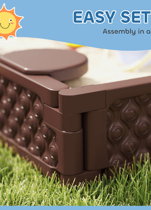 Kids Sandbox with Cover, 4 Corner Seats, Bottom Liner for Backyard, Garden, Outdoor, 73" x 47" x 9", Dark Brown