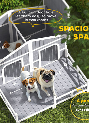 Dog House Outdoor, Wooden Dog Kennel Weatherproof with Porch, Openable Roof, Removable Bottom, Elevated Floor, Double Room for 2 Small to Medium Breeds, Gray