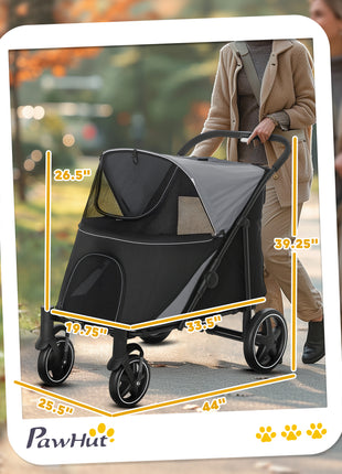 Dog Stroller for Large Medium Small Dogs up to 66 Lbs. 23.5" in Body Length, One-Click Foldable Pet Cat Stroller with Storage, Shock Absorption Wheels, Mesh Window, Safety Leash, Gray