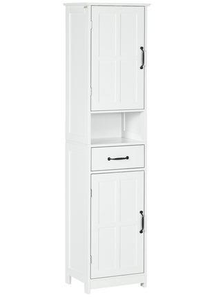Modern Bathroom Cabinet, Narrow Storage Cabinet with Open Shelf, Drawer, Recessed Doors and Adjustable Shelves, White
