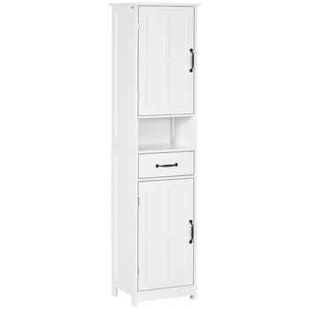 Modern Bathroom Cabinet, Narrow Storage Cabinet with Open Shelf, Drawer, Recessed Doors and Adjustable Shelves, White