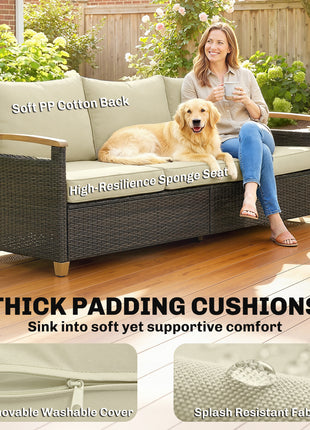 3 Seater Outdoor Couch Sofa, PE Wicker Patio Sofa, Wide Deep Seat, 4" Cushions, Wood-Effect Armrests Legs, Beige