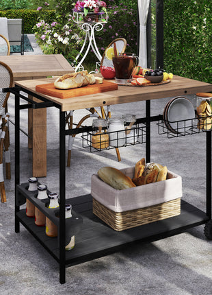Outdoor Bar Cart Patio Serving Cart with Wine Holders Natural