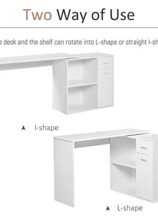L Shaped Computer Desk, 180° Rotating Corner Desk with Storage Shelves, Drawer and Cabinet, Study Workstation for Home Office, 47.25"x19.75"x 53.75", White