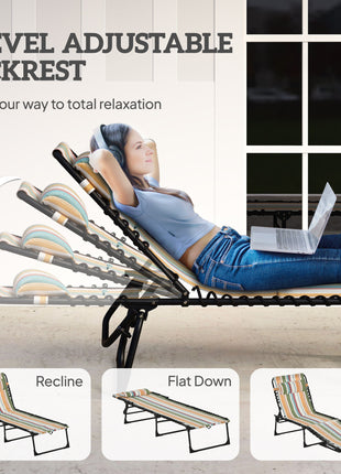 Folding Chaise Lounge Pool Chair with 4-Position Reclining Back, Pillow, Breathable Mesh & Bungee Seat, Rainbow Striped