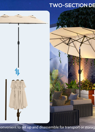 Double Sided Patio Umbrella, 9.7' Large Outdoor Market Umbrella with Push Button Tilt and Crank, 3 Air Vents and 12 Ribs, for Garden, Deck, Pool, Brown
