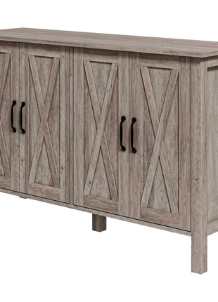 Sideboard Buffet with 4 Barn Doors and 2 Adjustable Shelves, Kitchen Buffet Cabinet for Living Room, Hallway, Gray