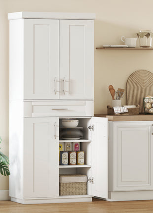 Modern Kitchen Pantry Freestanding Cabinet Cupboard with Doors and Drawer, Adjustable Shelving, White