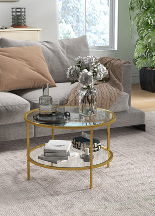 Side Table with Storage, 26" Round End Table, 2-Tier Tempered Glass Coffee Table with Steel Frame for Living Room, Gold