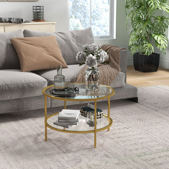 Side Table with Storage, 26" Round End Table, 2-Tier Tempered Glass Coffee Table with Steel Frame for Living Room, Gold