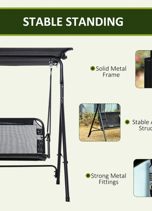 2-Seater Patio Swing Chair, Outdoor Adjustable Canopy Porch Swing with Armrests, Texeline Fabric and Steel Frame, Black