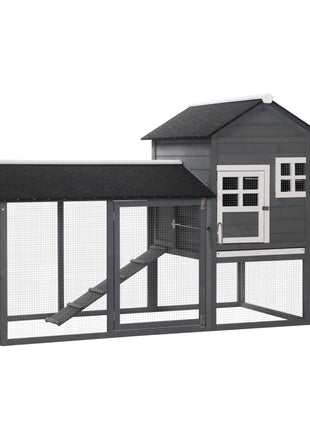 84" Wooden Chicken Coop, Hen House Outdoor with Run Nesting Box, Asphalt Roof, Removable Tray, Ramp, Poultry Cage for 2-3 Chickens, Gray
