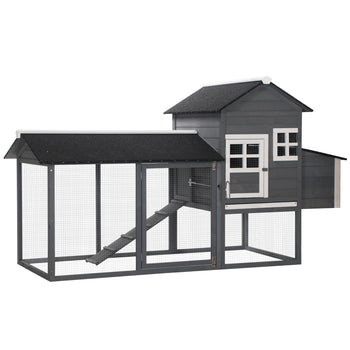 84" Wooden Chicken Coop, Hen House Outdoor with Run Nesting Box, Asphalt Roof, Removable Tray, Ramp, Poultry Cage for 2-3 Chickens, Gray