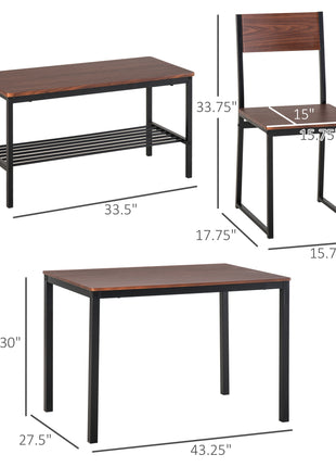 Industrial 4 Piece Dining Room Table Set with Bench Wooden Kitchen Table and Chairs w/ Storage Rack for Kitchen, Dinette, Rustic Brown/Black