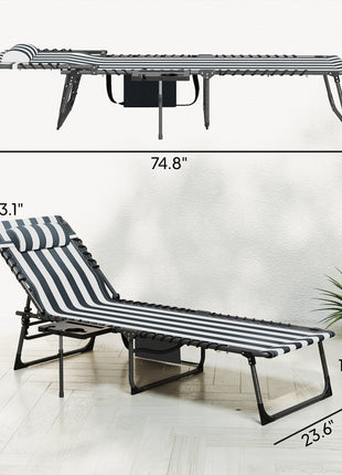 Folding Outdoor Chaise Lounge Chair Tanning Chair with 5-Level Adjustable Back, Side Table, Pillow, Pocket, Blue White